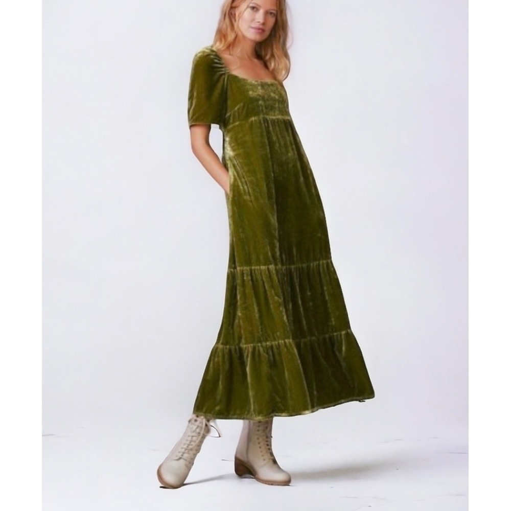 Anthropologie Square Neck Puff Sleeve Velvet Tiered Midi Dress 12 Green NWT!